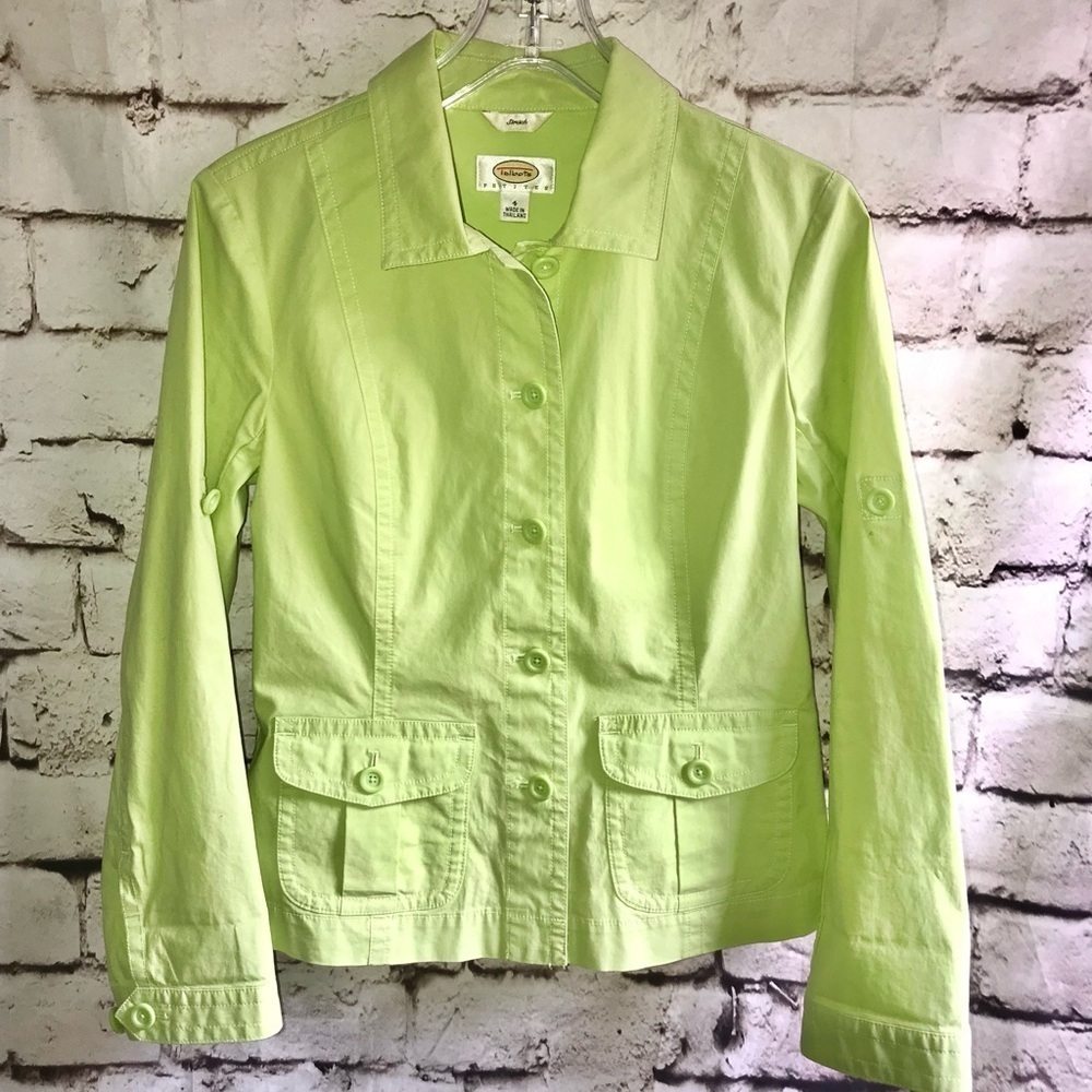 TALBOTS Petite Size 4P Lime Green lightweight Safari cotton blazer jacket - Picture 10 of 15